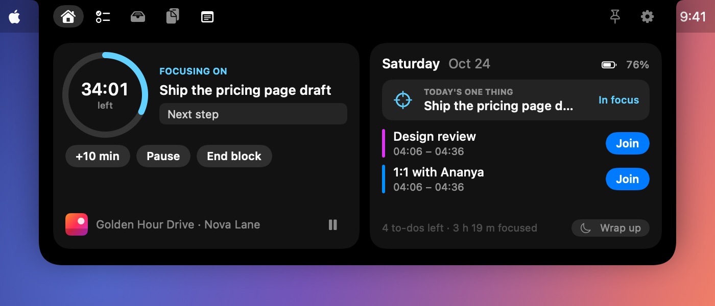 Hatch open during a focus block: a timer with 34 minutes left, a next step field, and the One Thing marked In focus