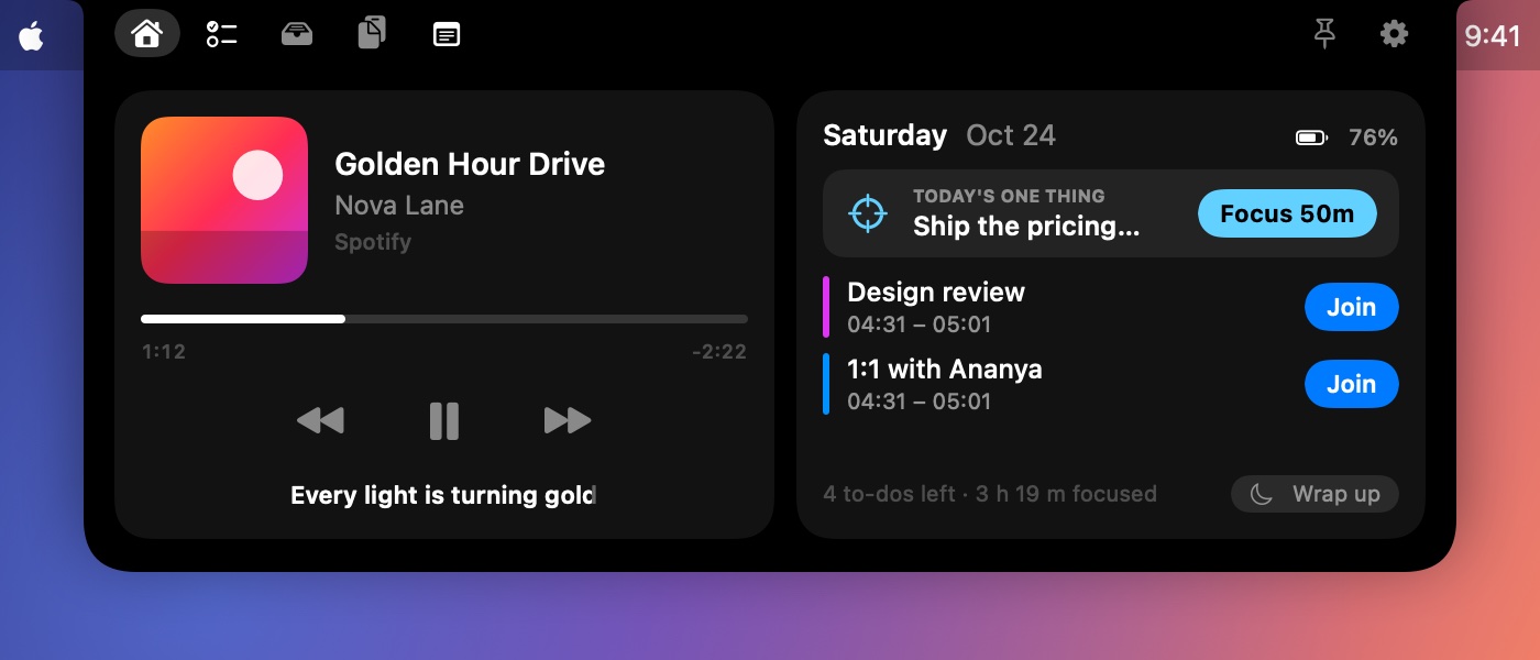 Hatch's Home with Today's One Thing, upcoming meetings with Join buttons and a Wrap up button