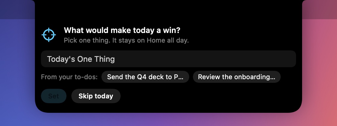 A card asking what would make today a win, with to-dos to pick from
