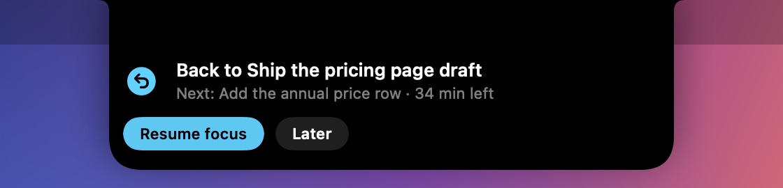 A card saying Back to the pricing page, next step Add the annual price row, 34 minutes left