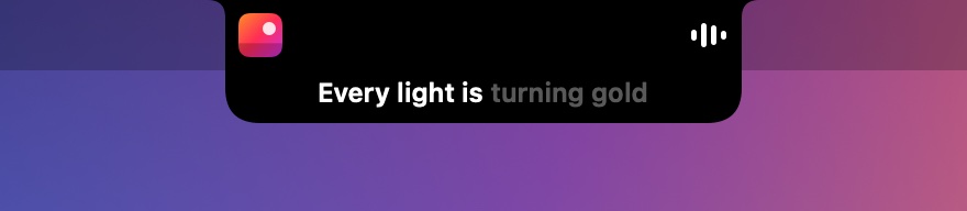 Closed notch showing album art, animated bars and a lyric line filling in as it's sung