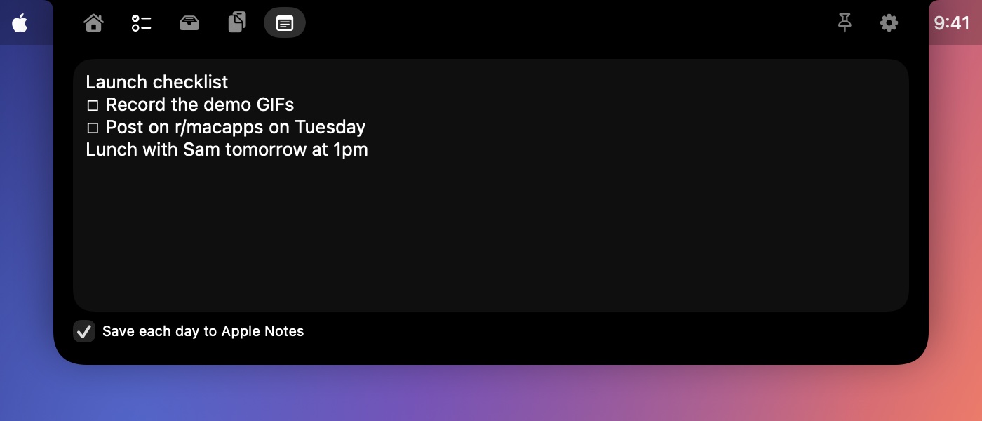 The Notes tab with checklist lines marked as to-dos and Save each day to Apple Notes ticked
