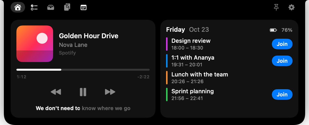 Hatch open: a playing song with artwork, controls and a live lyric line, and today's meetings with Join buttons