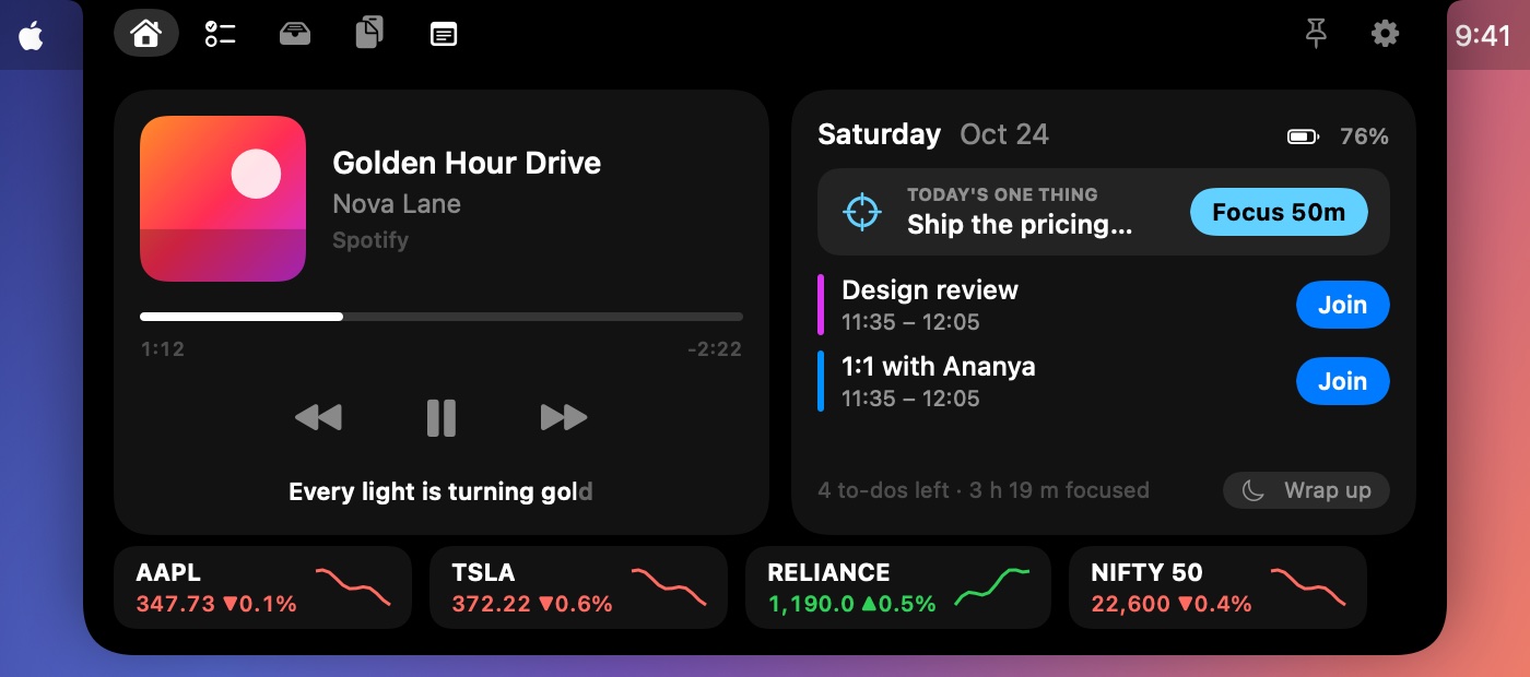 Hatch open with a watchlist row of four tickers along the bottom